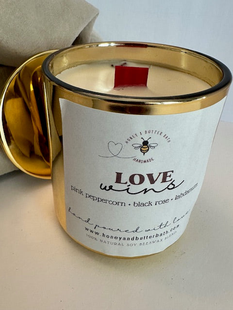 LOVE WINS ~ pink peppercorn + dark rose + labdnum, a Natural Hand Poured Soy Beeswax Candle