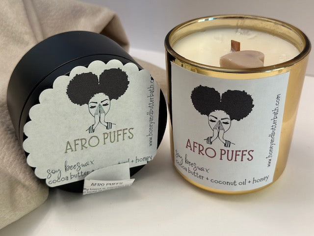 "AFRO PUFFS"  cocoa butter + coconut oil + honey  Natural Hand Poured Soy Beeswax Candle