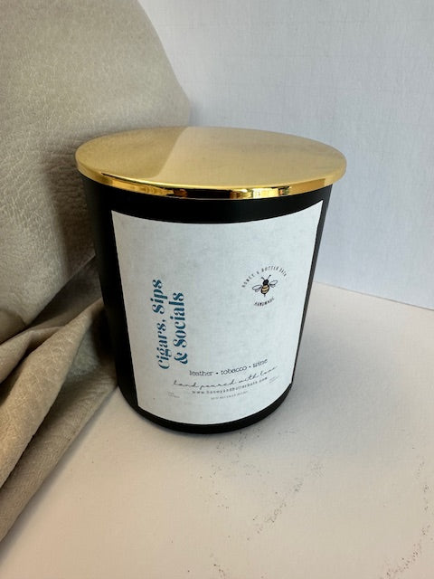 Cigars, Sips & Socials ~ leather + tobacco + stone fruit, Natural Hand Poured Soy Beeswax Candle